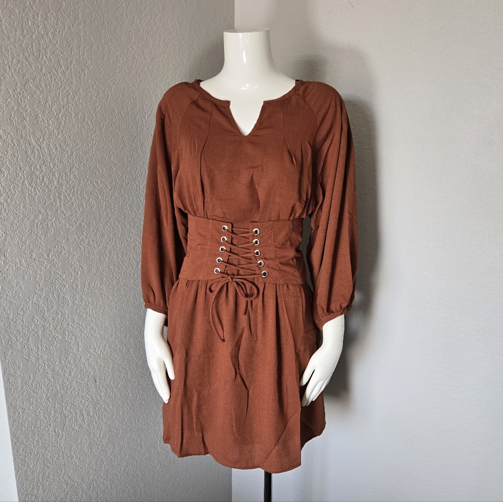 Entro Rust Lace-Up Long Sleeve Dress - Picture 3 of 8